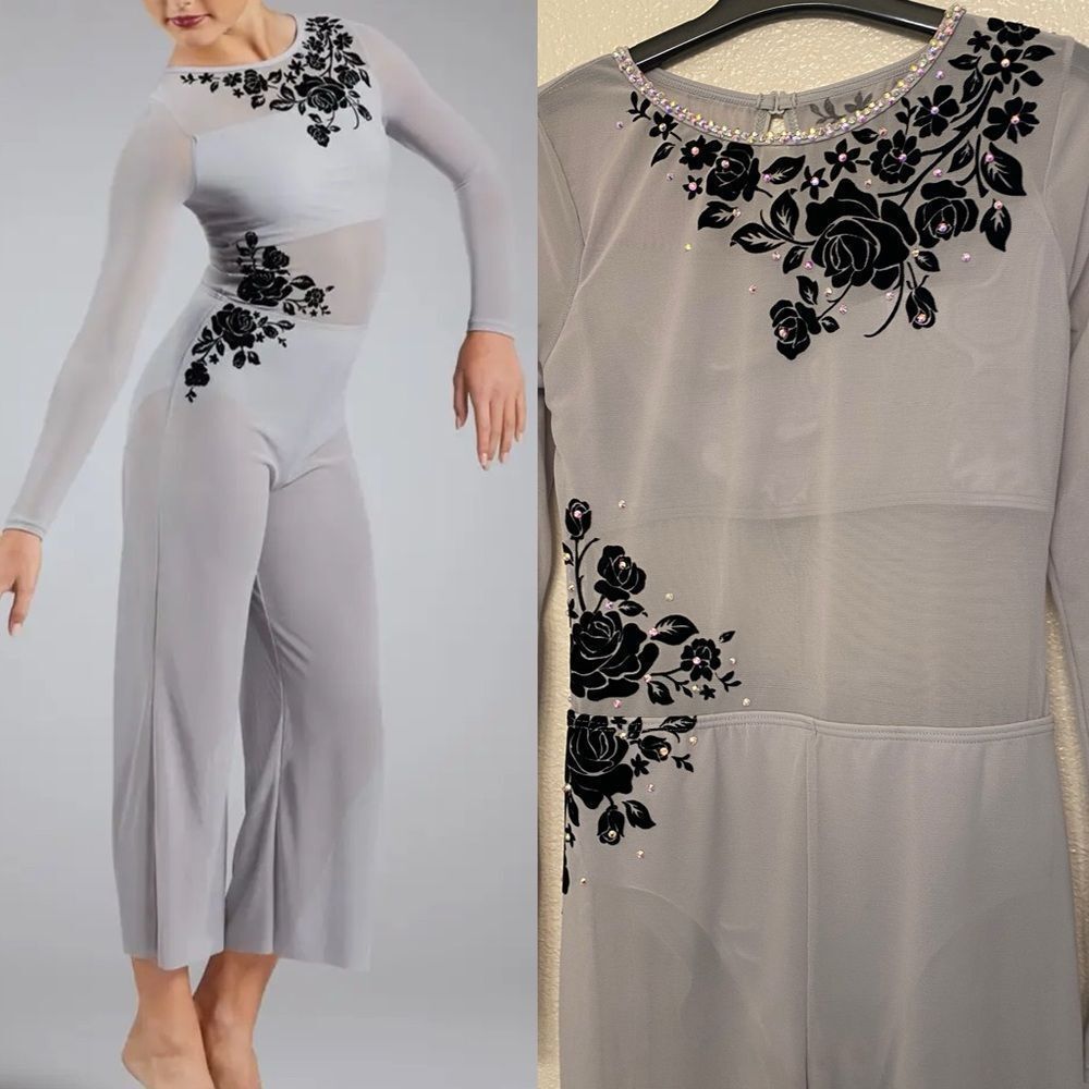 WEISSMAN solo custom Dance Costume unitard illusion gray Floral Flock SM11776 SA